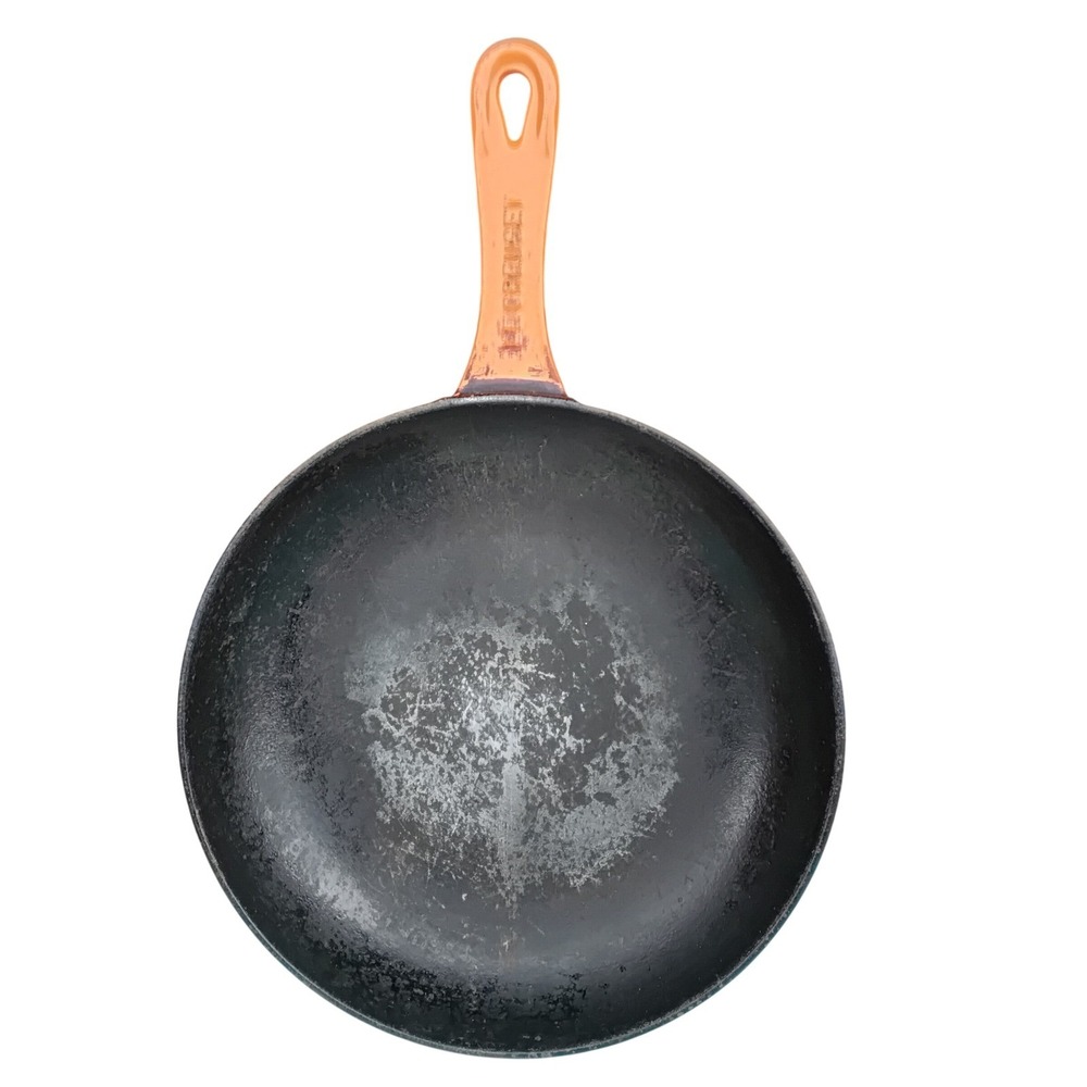 Le Creuset Vintage 10 Inch Enameled Cast Iron Skillet Pan Flame Orange France